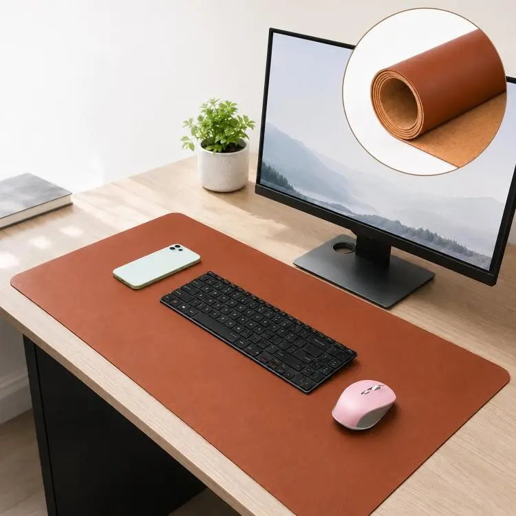 Dual-Sided Cork And Leather Desk Pad Reversible Large Desk Mat For Office And Home 400 x 800mm(Brown)