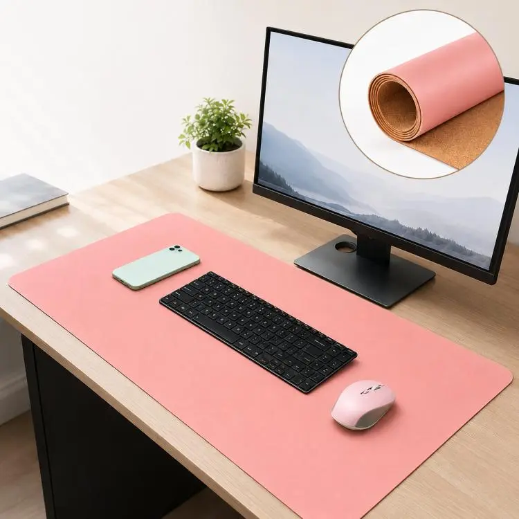 Dual-Sided Cork And Leather Desk Pad Reversible Large Desk Mat For Office And Home 400 x 800mm(Pink)