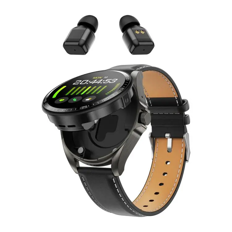 F36 1.46 inch HD Screen 2 in 1 Wireless Earphone Smart Watch, Support Dual-Device Connection(Black+Black PU Leather)