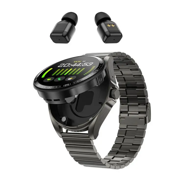 F36 1.46 inch HD Screen 2 in 1 Wireless Earphone Smart Watch, Support Dual-Device Connection(Black+Black Slub Steel)