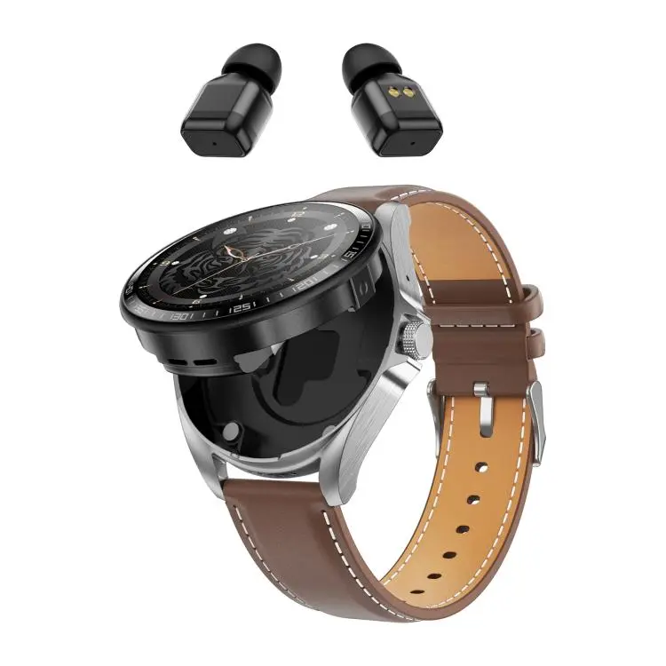 F36 1.46 inch HD Screen 2 in 1 Wireless Earphone Smart Watch, Support Dual-Device Connection(Silver+Brown PU Leather)