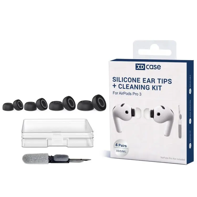 For AirPods Pro 3 XDcase 4 Pairs Replacement Silicone Ear Tips XS/S/M/LSize with Storage & Cleaning Kit, Cleaning Brush Color Random(Black)