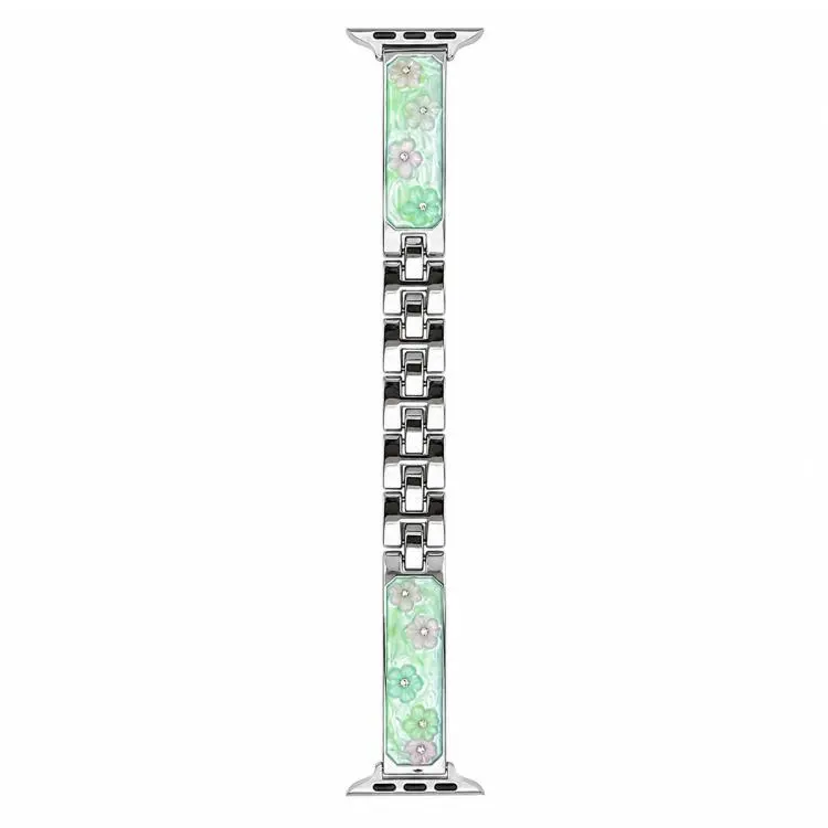 For Apple Watch 38 / 40 / 41 / S11 42mm xDfind Floral Epoxy Metal Bracelet Strap Watch Band(Silver Green)