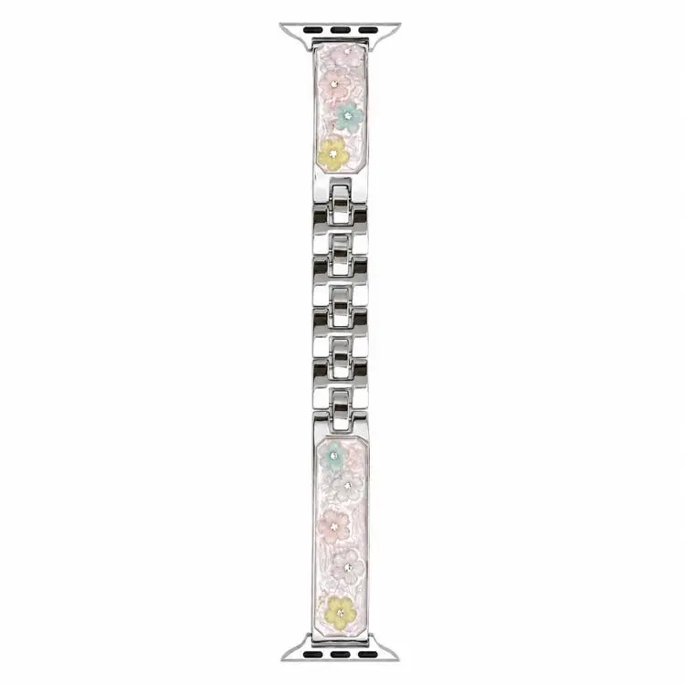 For Apple Watch 42 / 44 / 45 / 46 / 49mm xDfind Floral Epoxy Metal Bracelet Strap Watch Band(Silver Pink)
