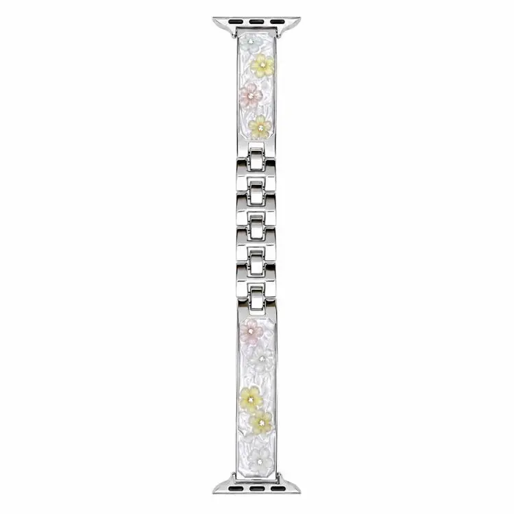 For Apple Watch 42 / 44 / 45 / 46 / 49mm xDfind Floral Epoxy Metal Bracelet Strap Watch Band(Silver White)