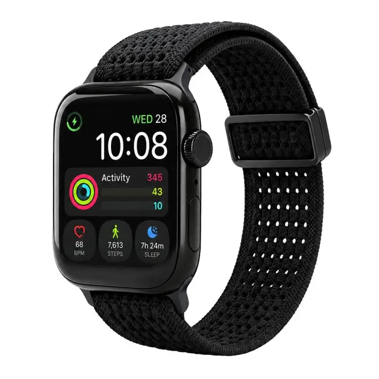For Apple Watch 42 / 44 / 45 / 46 / 49mm xDfind Magnetic Buckle Hollow-Out Nylon Woven Watch Band(Black)