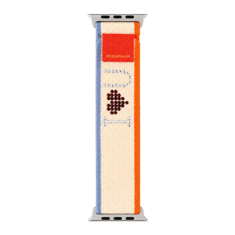 For Apple Watch 42 / 44 / 45 / 46 / 49mm xDfind Rhinestone Hook And Loop Fastener Nylon Loop Watch Band(Orange-beige)