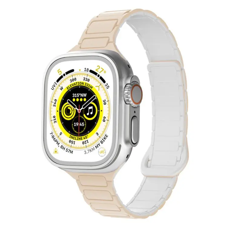 For Apple Watch 42 / 44 / 45 / 46 / 49mm xDfind Three Beads Magnetic Silicone Watch Band(Milk Tea + Rock White)