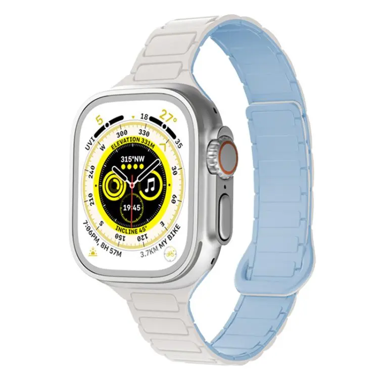 For Apple Watch 42 / 44 / 45 / 46 / 49mm xDfind Three Beads Magnetic Silicone Watch Band(White + Mist Blue)