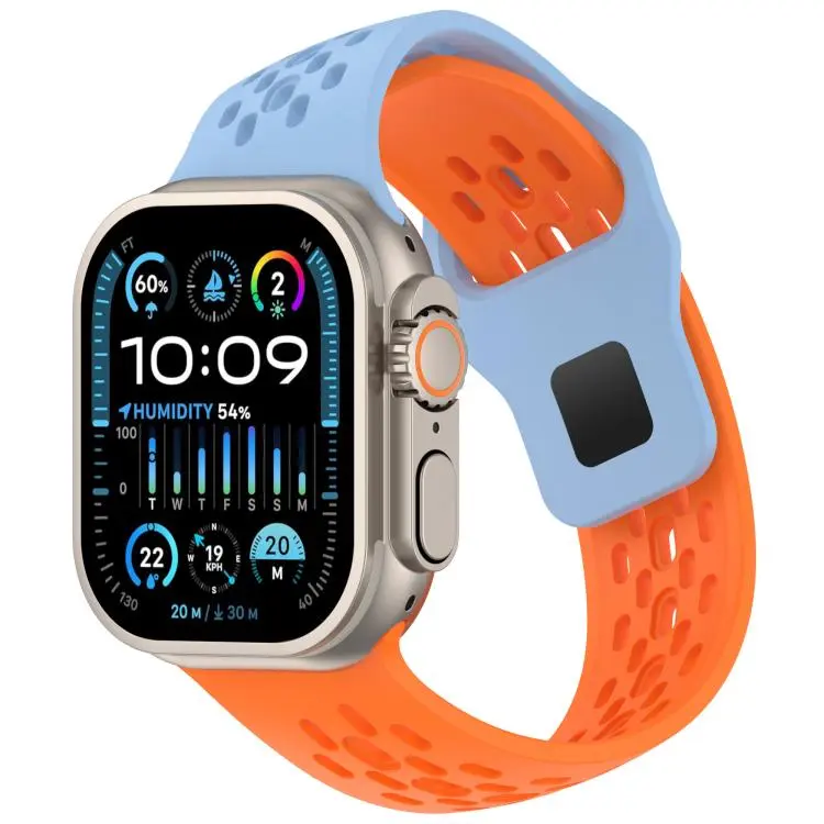 For Apple Watch 42mm / 41mm / 40mm / 38mm Angled Design Mesh Holes Reverse Buckle Silicone Watch Band(Misty Blue Orange)