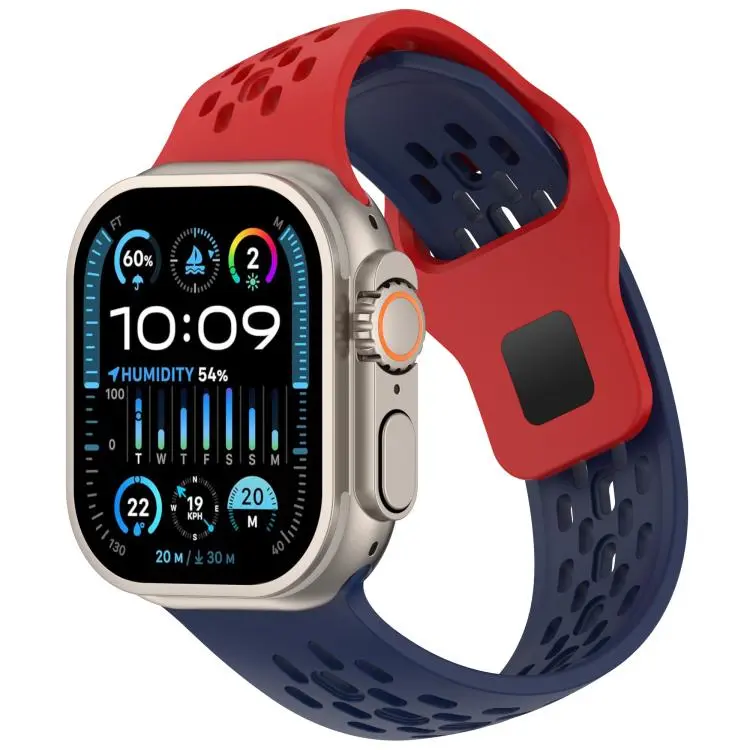 For Apple Watch 42mm / 41mm / 40mm / 38mm Angled Design Mesh Holes Reverse Buckle Silicone Watch Band(Red Midnight Blue)