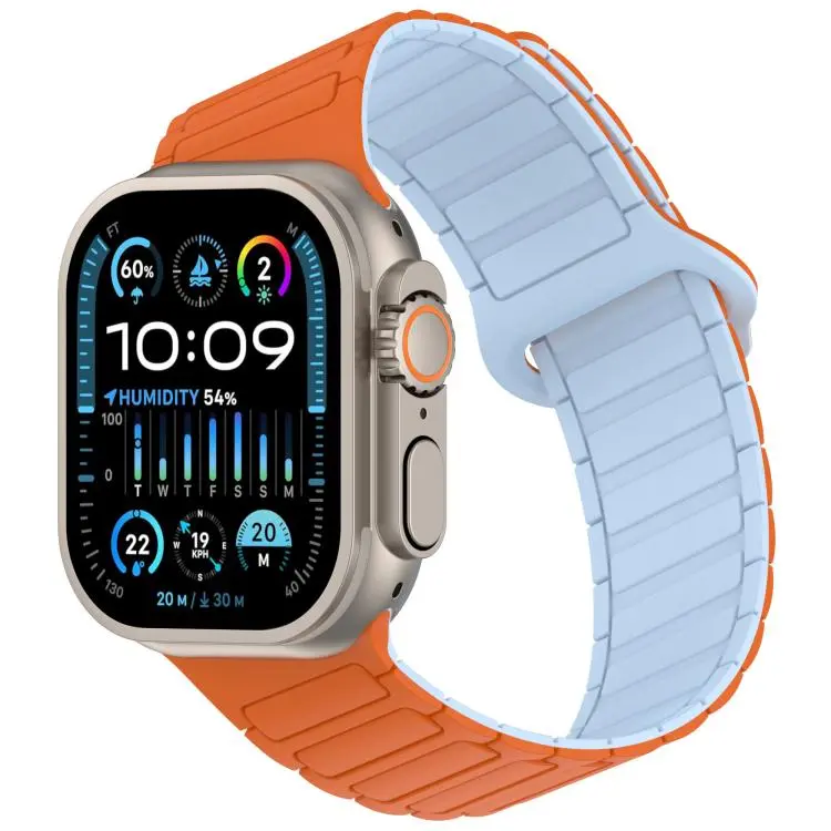 For Apple Watch 42mm / 41mm / 40mm / 38mm Angled Design Three Beads Magnetic Loop Silicone Watch Band(Orange Sky Blue)