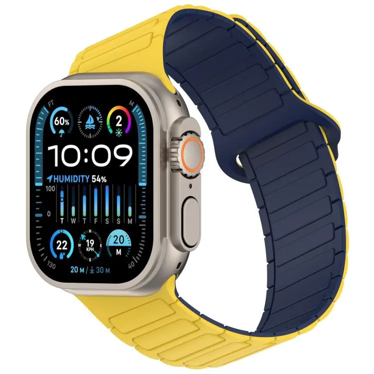 For Apple Watch 42mm / 41mm / 40mm / 38mm Angled Design Three Beads Magnetic Loop Silicone Watch Band(Yellow Midnight Blue)