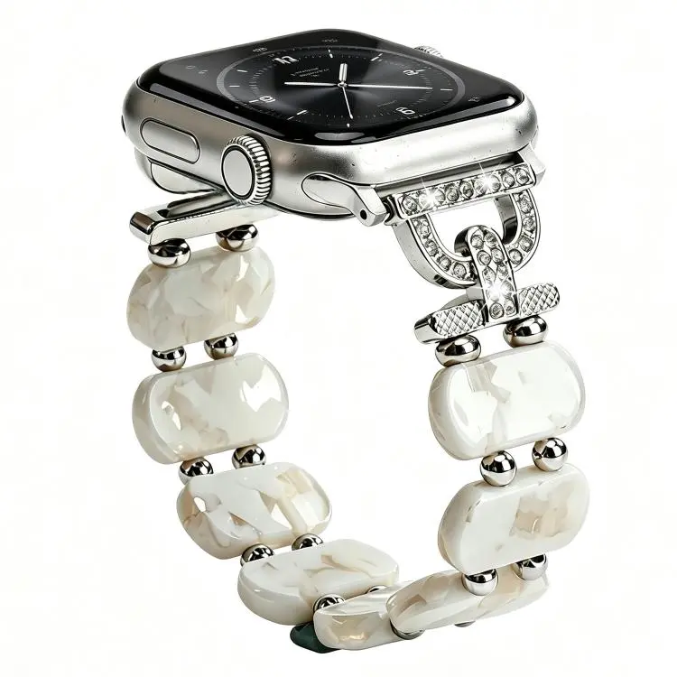 For Apple Watch 42mm / 41mm / 40mm / 38mm D-Shaped Rhinestone Chain Resin Watch Band(Marble White)