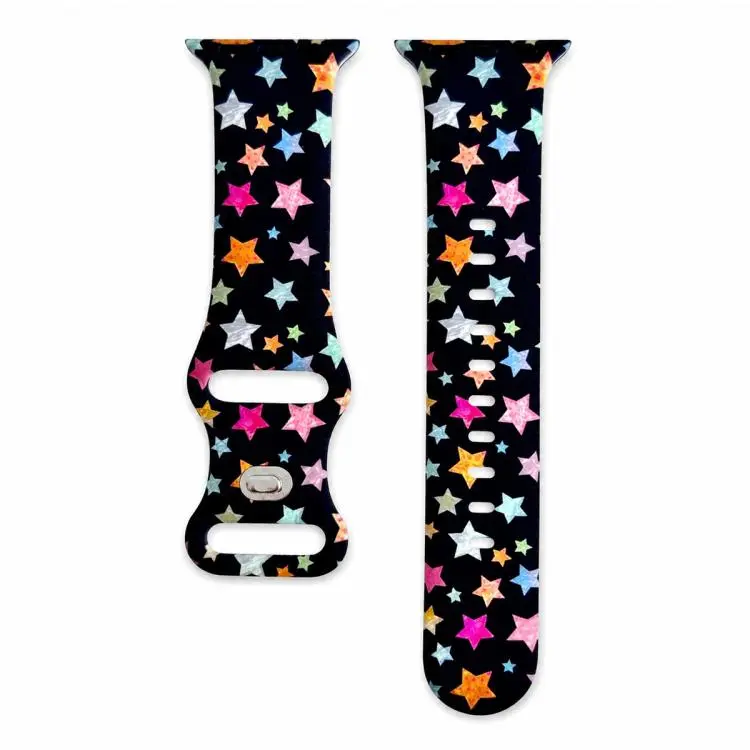 For Apple Watch 42mm / 41mm / 40mm / 38mm Iridescent Foil Star Pattern Reverse Clasp Silicone Watch Band(Black)