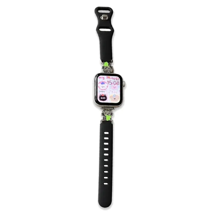 For Apple Watch 42mm / 41mm / 40mm / 38mm Metal Cartoon Hybrid Black Silicone Watch Band(Green Cat)