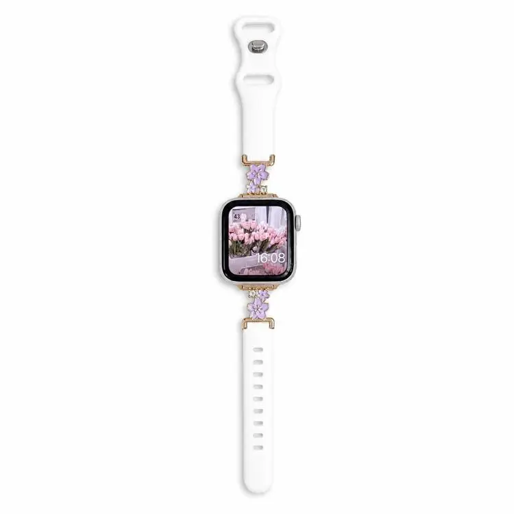 For Apple Watch 42mm / 41mm / 40mm / 38mm Metal Floral Hybrid Reverse Clasp Silicone Watch Band(Gold Purple+White)