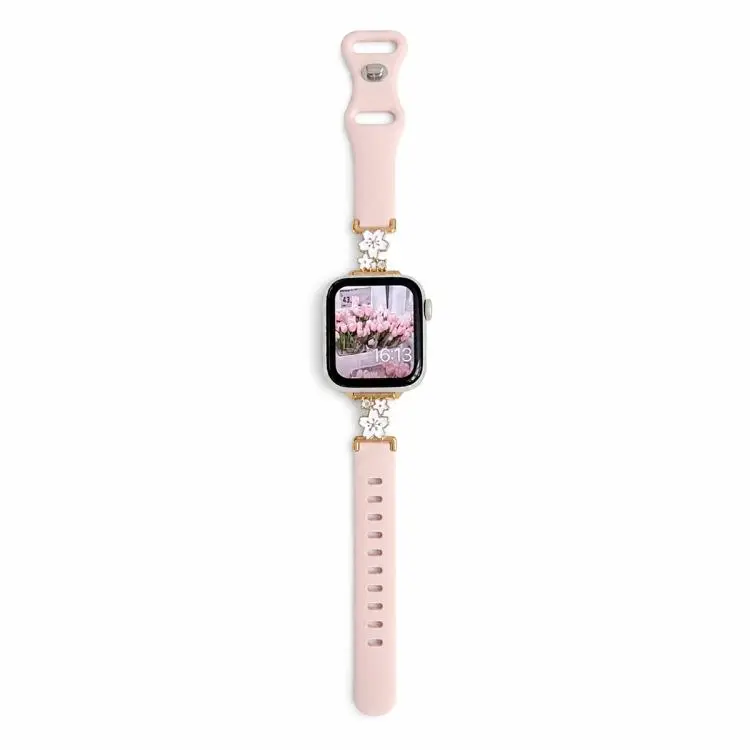 For Apple Watch 42mm / 41mm / 40mm / 38mm Metal Floral Hybrid Reverse Clasp Silicone Watch Band(Gold White+Pink)