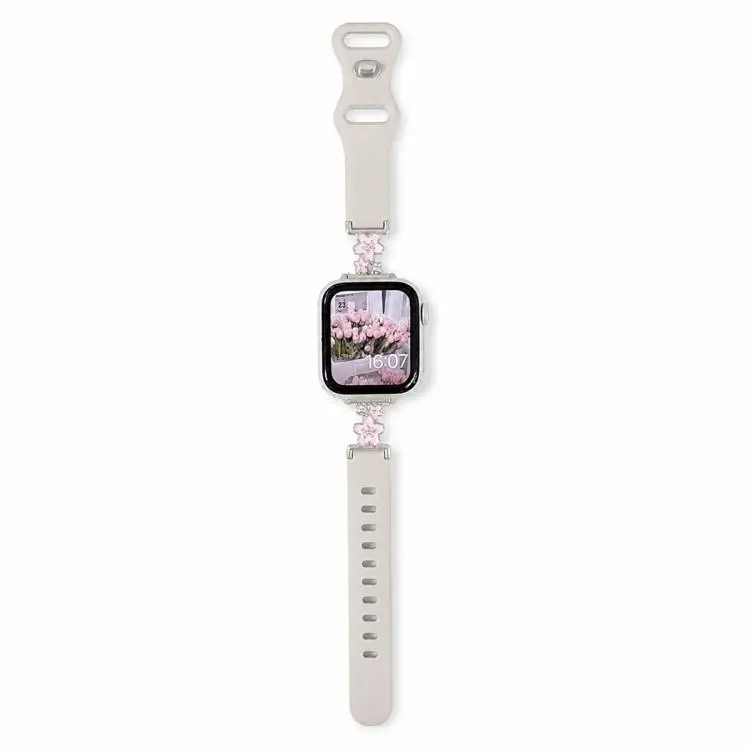 For Apple Watch 42mm / 41mm / 40mm / 38mm Metal Floral Hybrid Reverse Clasp Silicone Watch Band(Silver Pink+Starlight)