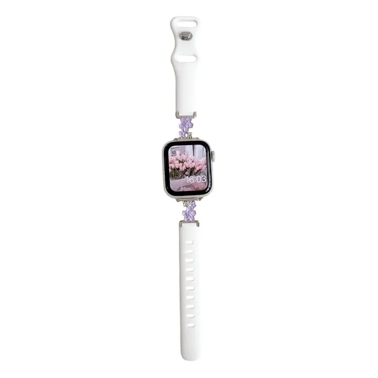 For Apple Watch 42mm / 41mm / 40mm / 38mm Metal Floral Hybrid Reverse Clasp Silicone Watch Band(Silver Purple+White)