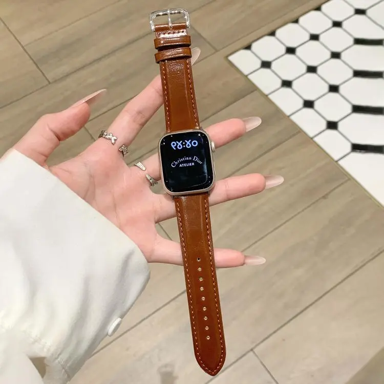 For Apple Watch 42mm / 41mm / 40mm / 38mm Oil Waxed Genuine Leather Pin Buckle Watch Band(Dark Brown)