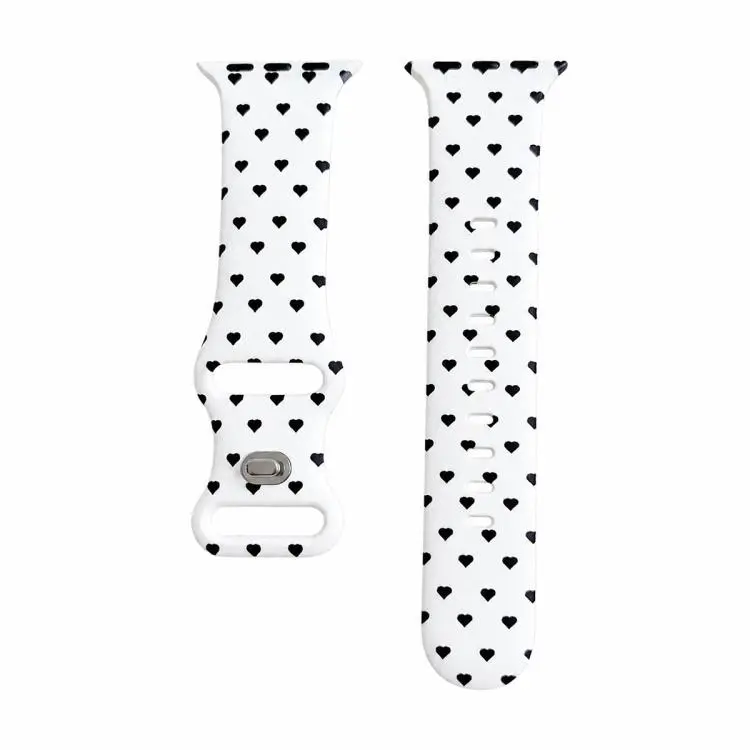 For Apple Watch 42mm / 41mm / 40mm / 38mm Printed Reverse Buckle Silicone Watch Band(Black Heart on White)