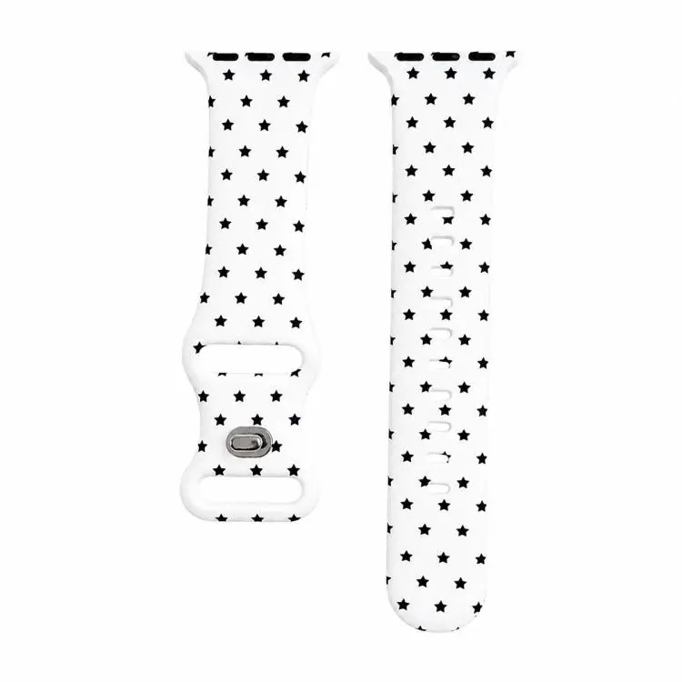 For Apple Watch 42mm / 41mm / 40mm / 38mm Printed Reverse Buckle Silicone Watch Band(Black Stars on White)