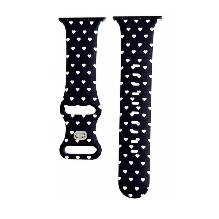 For Apple Watch 42mm / 41mm / 40mm / 38mm Printed Reverse Buckle Silicone Watch Band(White Heart on Black)