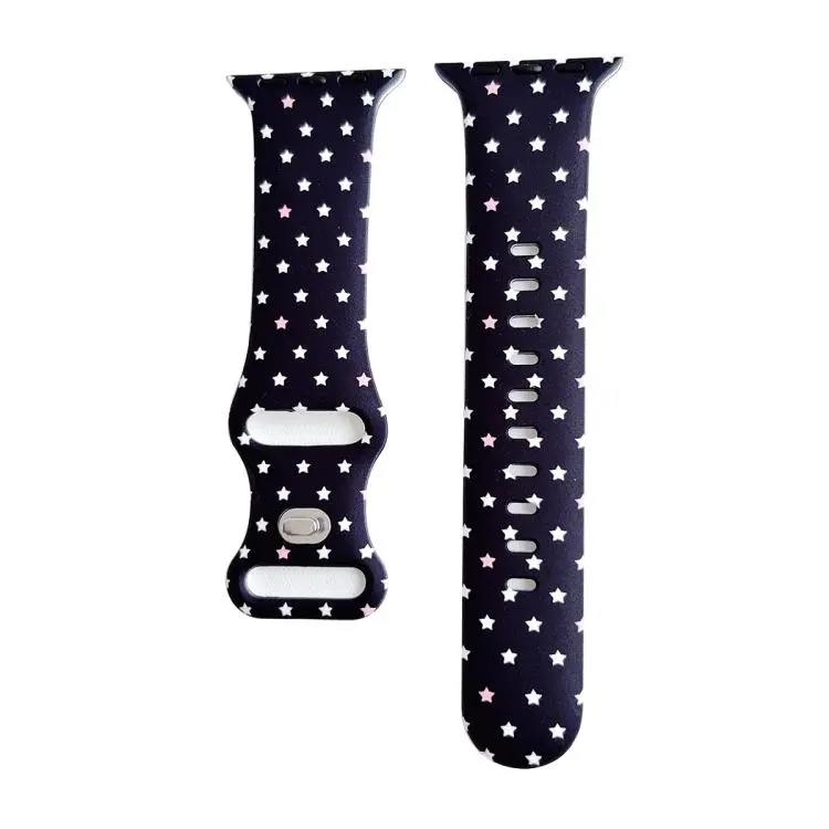 For Apple Watch 42mm / 41mm / 40mm / 38mm Printed Reverse Buckle Silicone Watch Band(White Stars on Black)