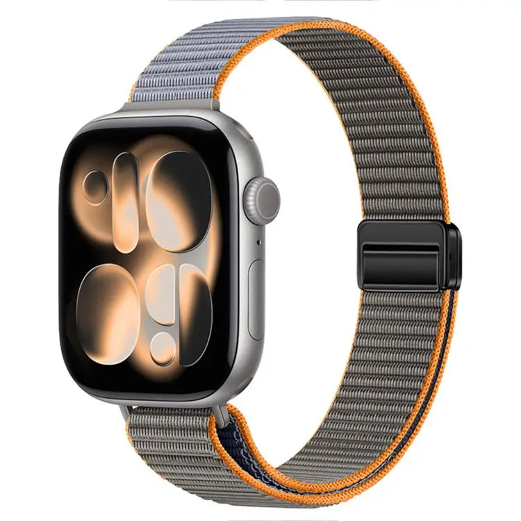 For Apple Watch 42mm / 41mm / 40mm / 38mm Slim Dual Magnetic Clasp Nylon Loop Watch Band(Gray Orange)