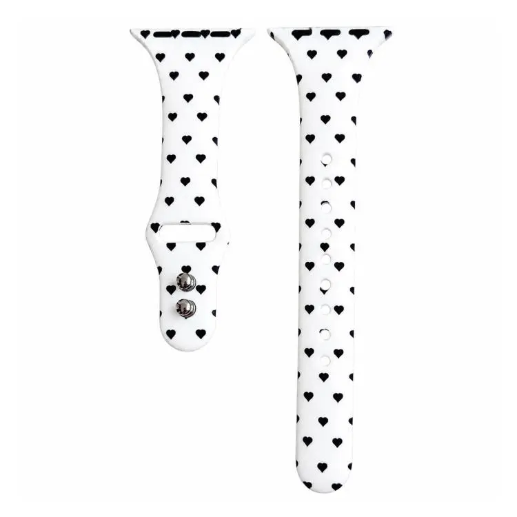 For Apple Watch 42mm / 41mm / 40mm / 38mm Slim Printed Reverse Buckle Silicone Watch Band(Black Heart on White)