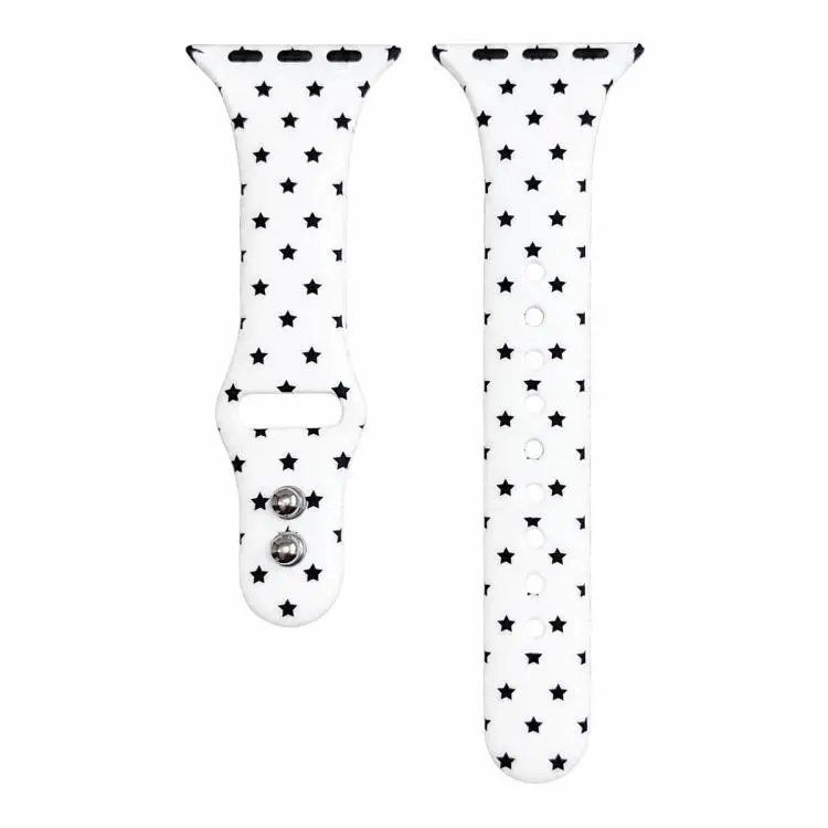 For Apple Watch 42mm / 41mm / 40mm / 38mm Slim Printed Reverse Buckle Silicone Watch Band(Black Stars on White)