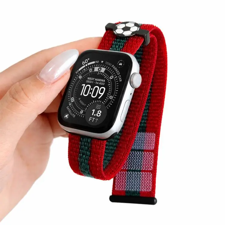 For Apple Watch 42mm / 41mm / 40mm / 38mm Soccer Series Nylon Hook and Loop Fastener Watch Band(Red Green Red)
