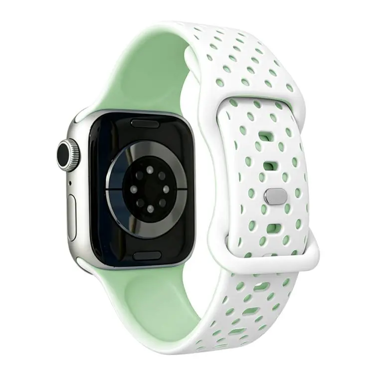 For Apple Watch 42mm / 41mm / 40mm / 38mm Star-Shaped Dot Pattern Butterfly Clasp Silicone Watch Band(White Mint Green)