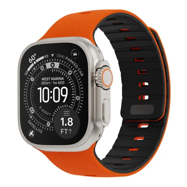 For Apple Watch 42mm / 41mm / 40mm / 38mm Sunray Textured Nail Clasp Magnetic Silicone Watch Band(Orange Black)