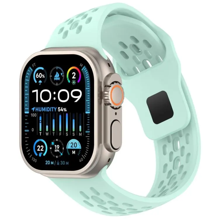 For Apple Watch 46mm / 49mm / 45mm / 44mm Angled Design Mesh Holes Reverse Buckle Silicone Watch Band(Light Mint)