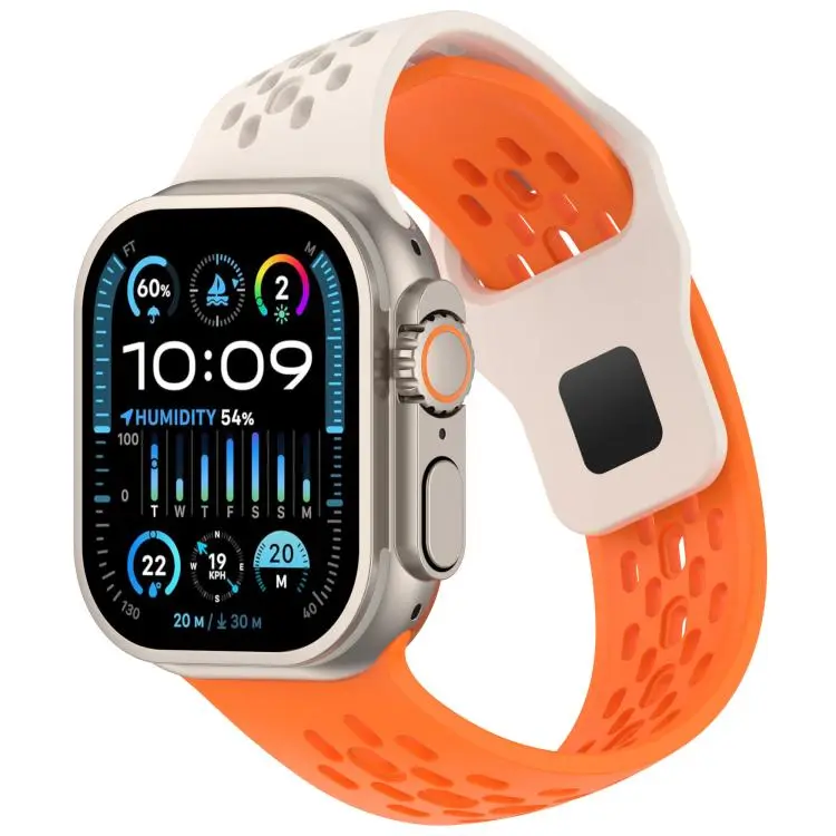 For Apple Watch 46mm / 49mm / 45mm / 44mm Angled Design Mesh Holes Reverse Buckle Silicone Watch Band(Starlight Orange)