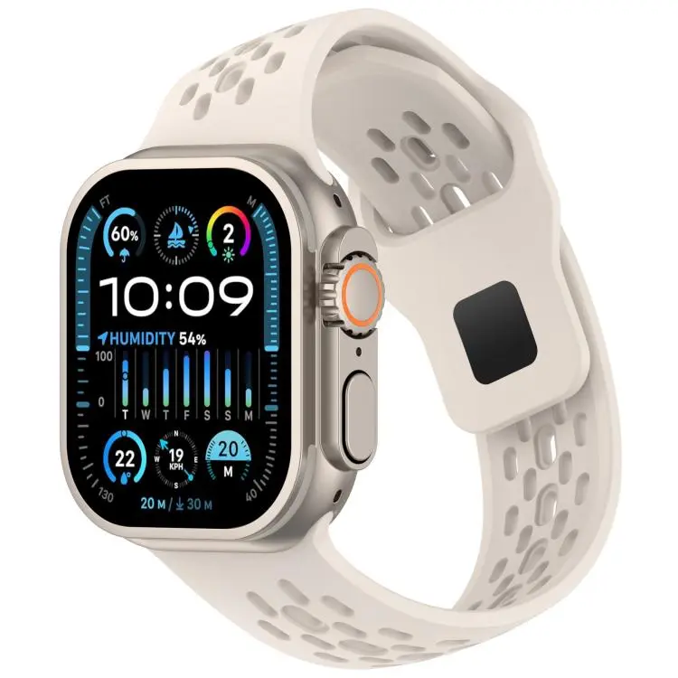 For Apple Watch 46mm / 49mm / 45mm / 44mm Angled Design Mesh Holes Reverse Buckle Silicone Watch Band(Starlight)