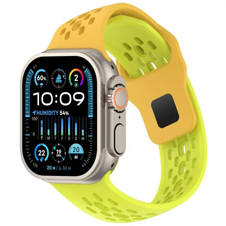For Apple Watch 46mm / 49mm / 45mm / 44mm Angled Design Mesh Holes Reverse Buckle Silicone Watch Band(Yellow Green)