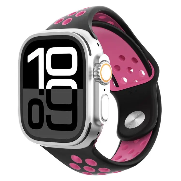 For Apple Watch 46mm / 49mm / 45mm / 44mm Angled Design Reverse Buckle Two Color Silicone Watch Band(Black Rose Red)