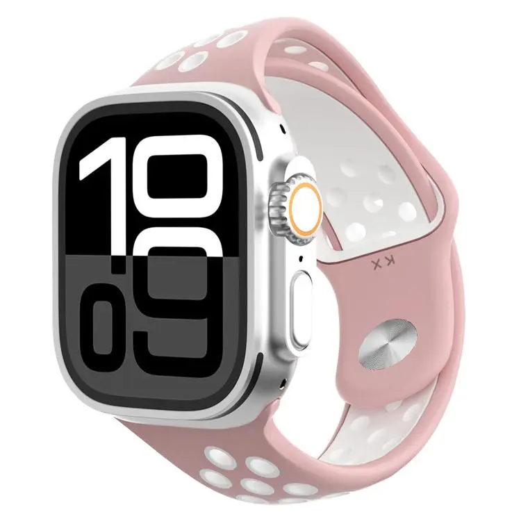 For Apple Watch 46mm / 49mm / 45mm / 44mm Angled Design Reverse Buckle Two Color Silicone Watch Band(Light Pink White)