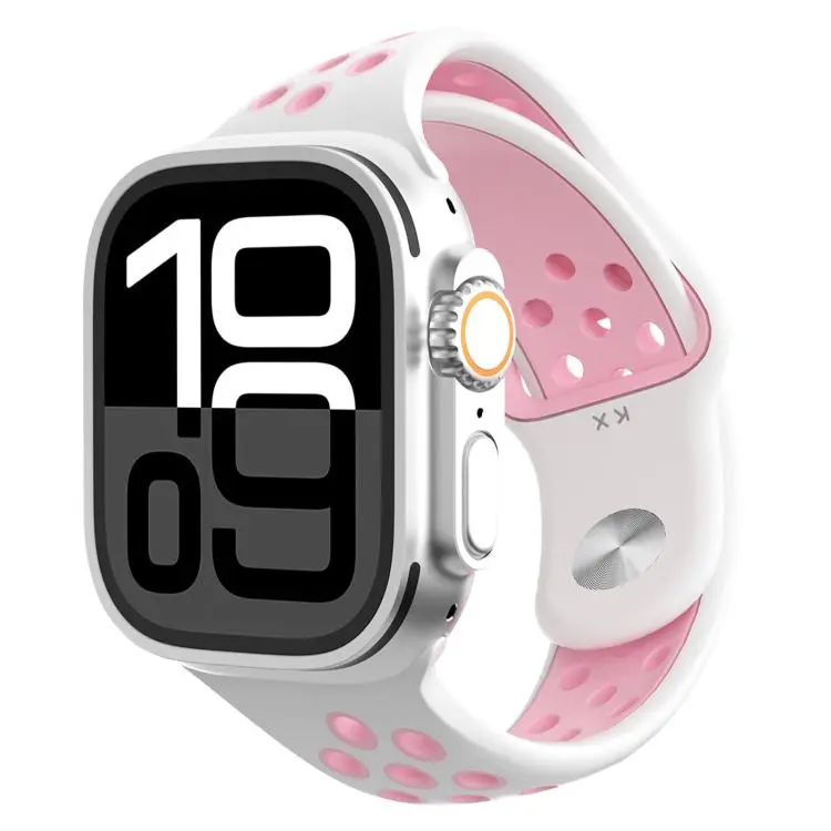 For Apple Watch 46mm / 49mm / 45mm / 44mm Angled Design Reverse Buckle Two Color Silicone Watch Band(White Pink)