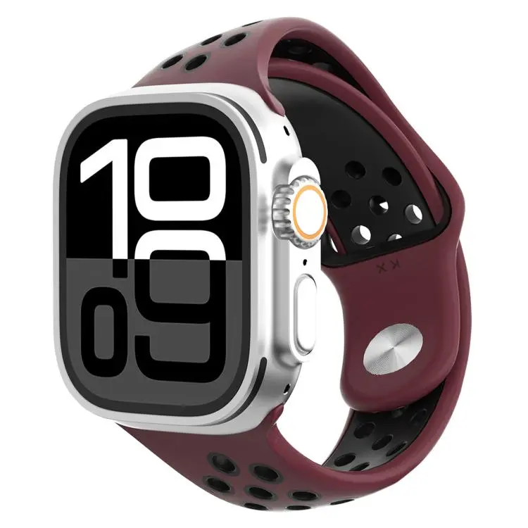 For Apple Watch 46mm / 49mm / 45mm / 44mm Angled Design Reverse Buckle Two Color Silicone Watch Band(Wine Red Black)