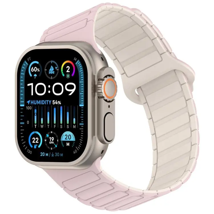 For Apple Watch 46mm / 49mm / 45mm / 44mm Angled Design Three Beads Magnetic Loop Silicone Watch Band(Light Pink Starlight)