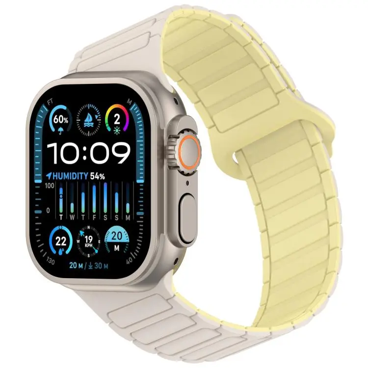 For Apple Watch 46mm / 49mm / 45mm / 44mm Angled Design Three Beads Magnetic Loop Silicone Watch Band(Starlight Cream)