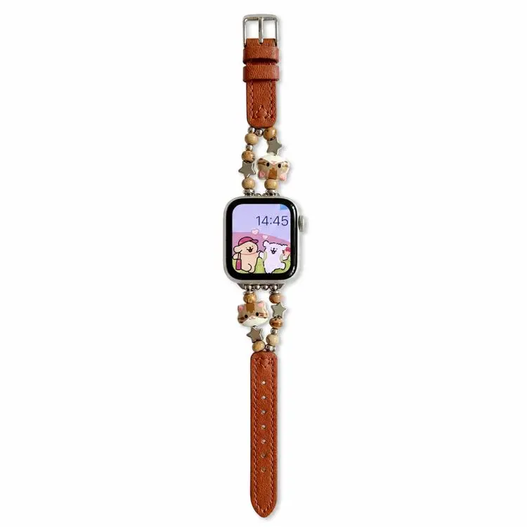 For Apple Watch 46mm / 49mm / 45mm / 44mm Cute Cat Jade Beads Hybrid Vegan Leather Watch Band(Brown)