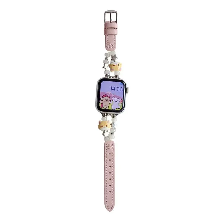 For Apple Watch 46mm / 49mm / 45mm / 44mm Cute Cat Jade Beads Hybrid Vegan Leather Watch Band(Pink)