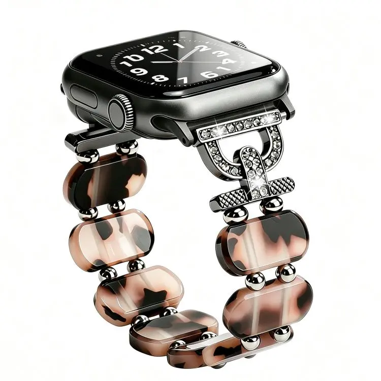 For Apple Watch 46mm / 49mm / 45mm / 44mm D-Shaped Rhinestone Chain Resin Watch Band(Brown Tortoiseshell)