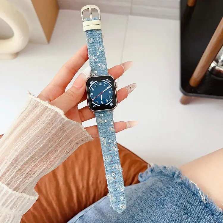 For Apple Watch 46mm / 49mm / 45mm / 44mm Denim Canvas Pin Buckle Watch Band(Light Denim Blue)