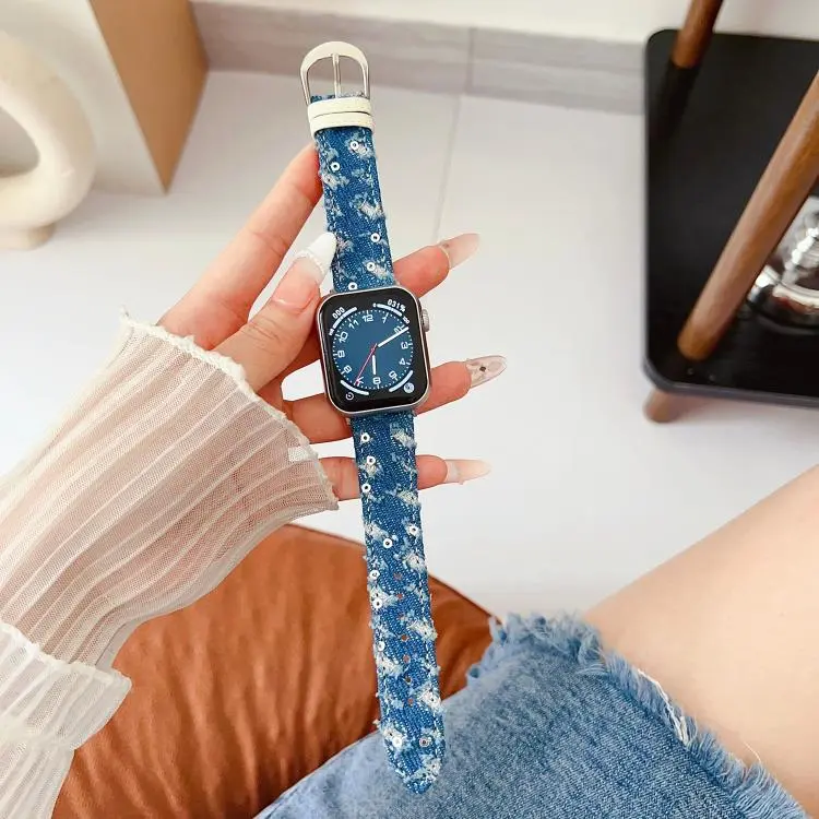 For Apple Watch 46mm / 49mm / 45mm / 44mm Denim Canvas Pin Buckle Watch Band(Washed Blue)